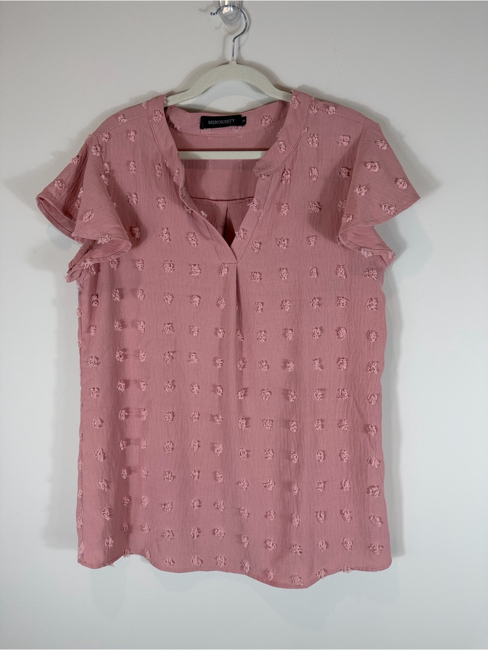 Merokeety Rose Pink Textured Flutter-Sleeve Blouse Size Small